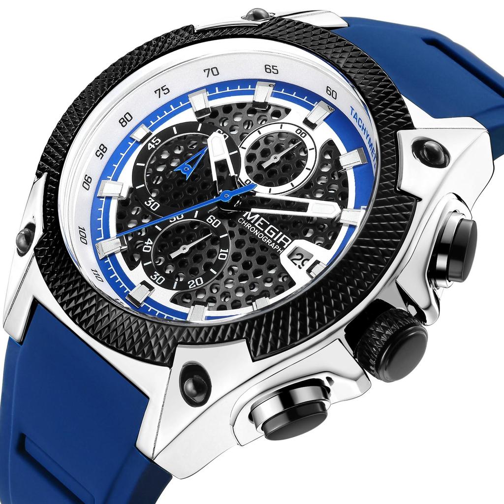 Megir Men Sport Watch Relogio Masculino Blue Silicone Strap Mens Watches Top Brand Luxury Luminous Waterproof Quartz Watch Man