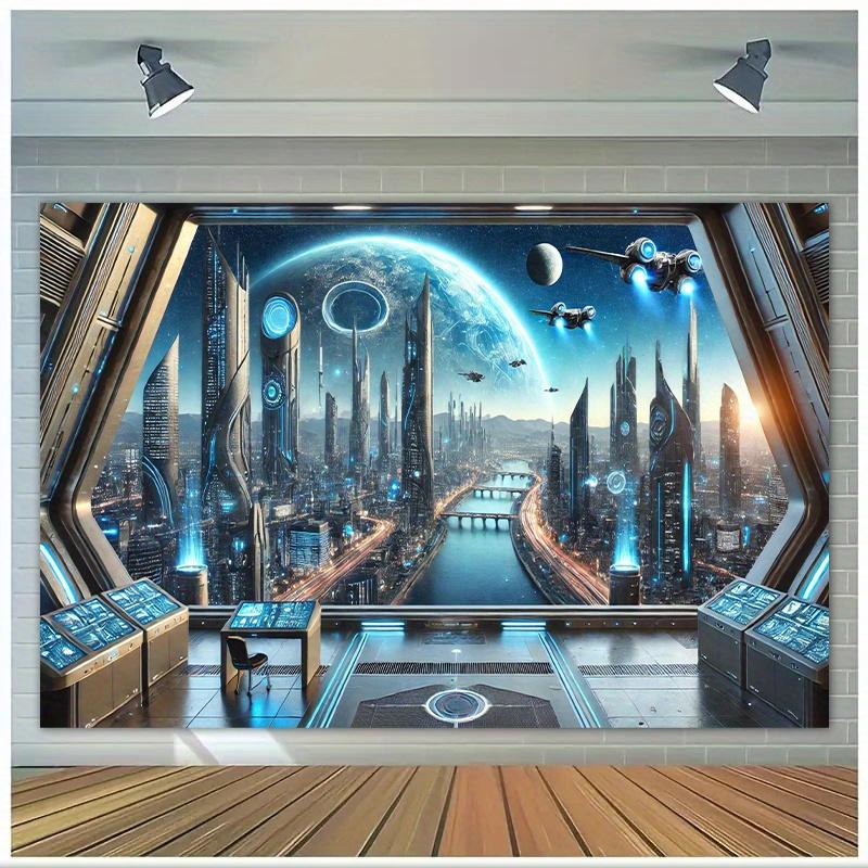 Futuristic Space Cityscape Wall Tapestry For Innovative Home Decor, Featuring A Stunning View Of A High-Tech Metropolis 100x150cm