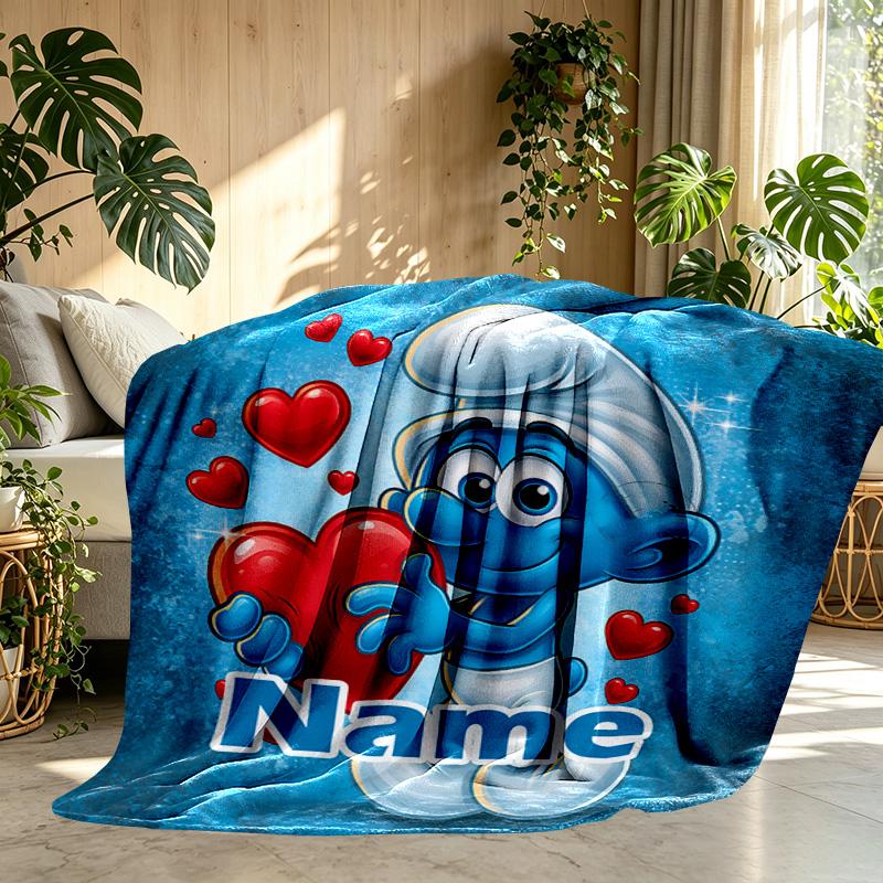 Custom Name Personalized Blue Smurfs Print Blanket, Home Decor, Bedroom, Sofa, Camping, Couch, Gifts for Birthday Christmas