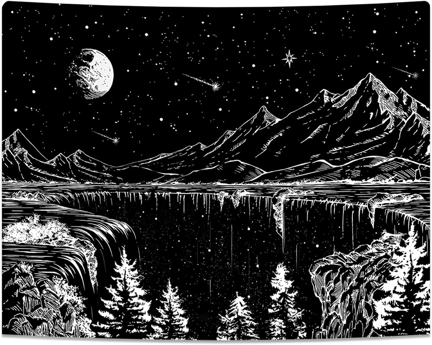 Simpkeely Black and White Tapestry Starry Night Tapestry Mountain Moon Stars Wall Hanging Tapestries for Bedroom Living Room - 130cm x 150cm 100X70CM
