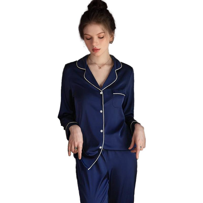 Fashion Ice Silk Pajamas Women'S Simple Solid Color High-End Long-Sleeved Loungewear Set