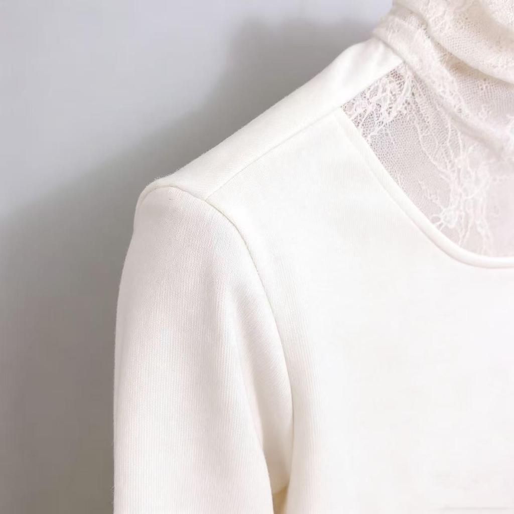 Women's Brushed Lace Base Layer Top: High Neck, Long Sleeve, Ruffled Collar, Slim Fit - Autumn/Winter Arrival