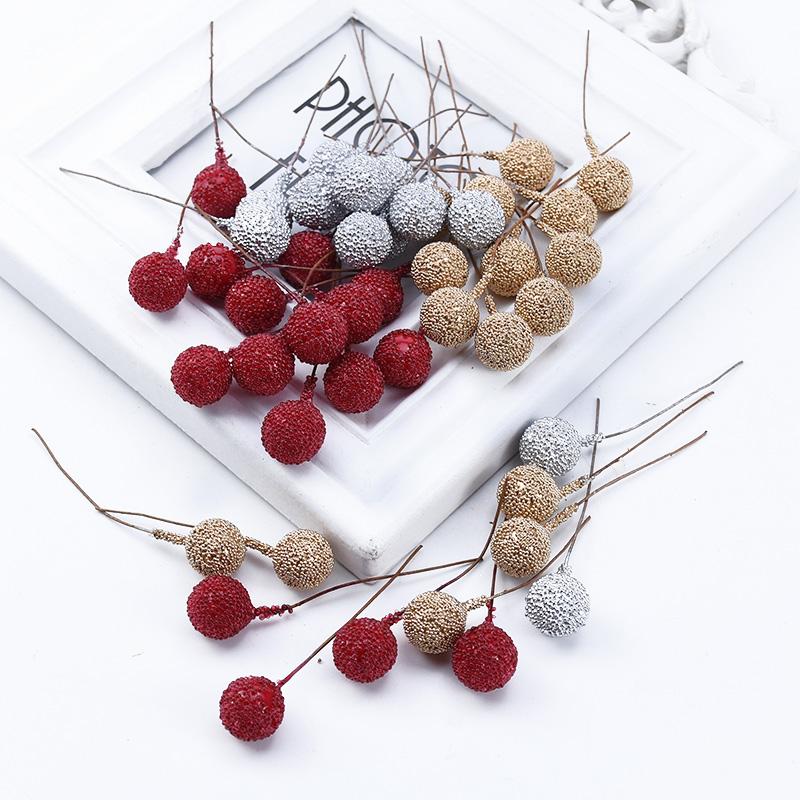 50/100Pcs Artificial Fruit Foam Stamen Cherry Gold Silver Flowers DIY Christmas Craft Decor Box Wedding Home Room Party Supplies
