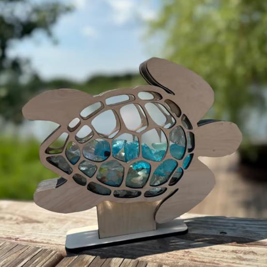 Sea Turtle Seaglass Display Box Wooden Tortoise Shell Holder Storage Keepsake Case Ocean Themed Collection Box Coastal Home Decoration