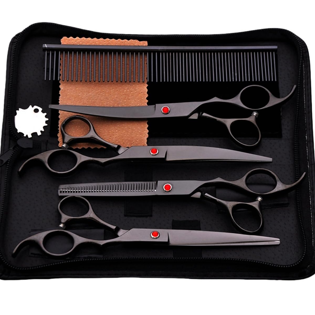 

Набор ножниц для стрижки домашних животных для собак и включает и изогнутую расческу из нержавеющей стали 7,0 дюйма 7 предметов кошек, прямые, филировочные, ножницы, в комплекте, тихие, чёрный