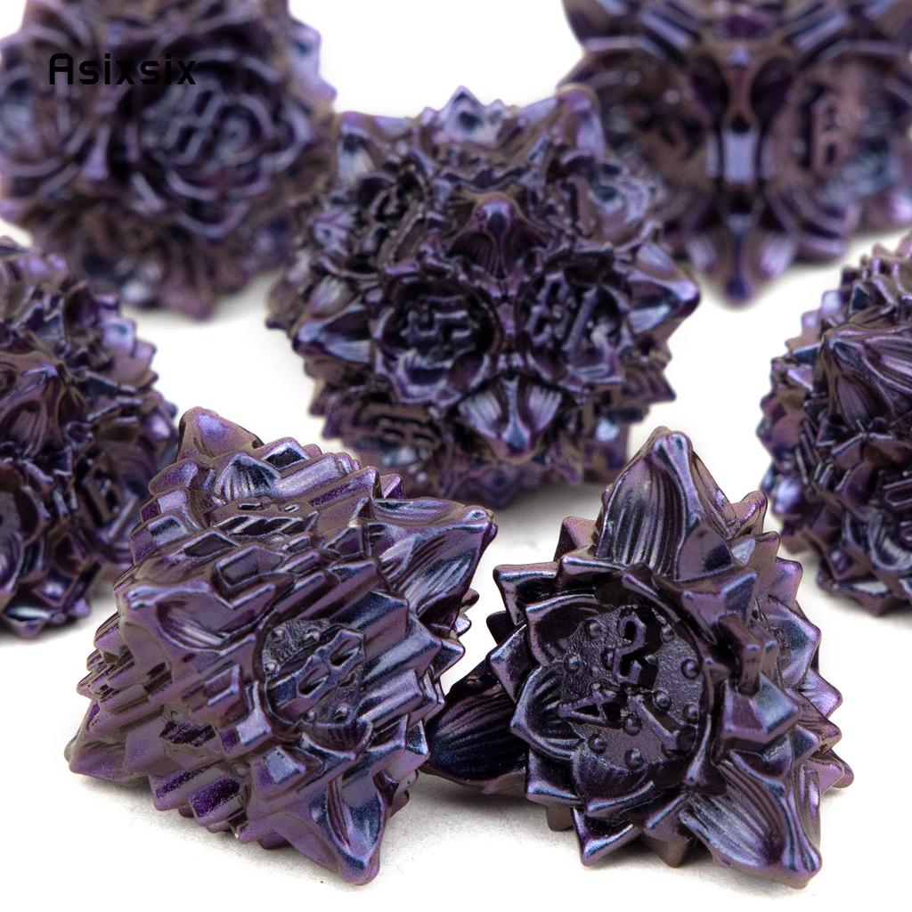 7 Pcs Purple Black Lotus Flower Metal DicePerfect For Rpgs, Board Games, And Card Games.Dice For Games, Dnd Dice Set