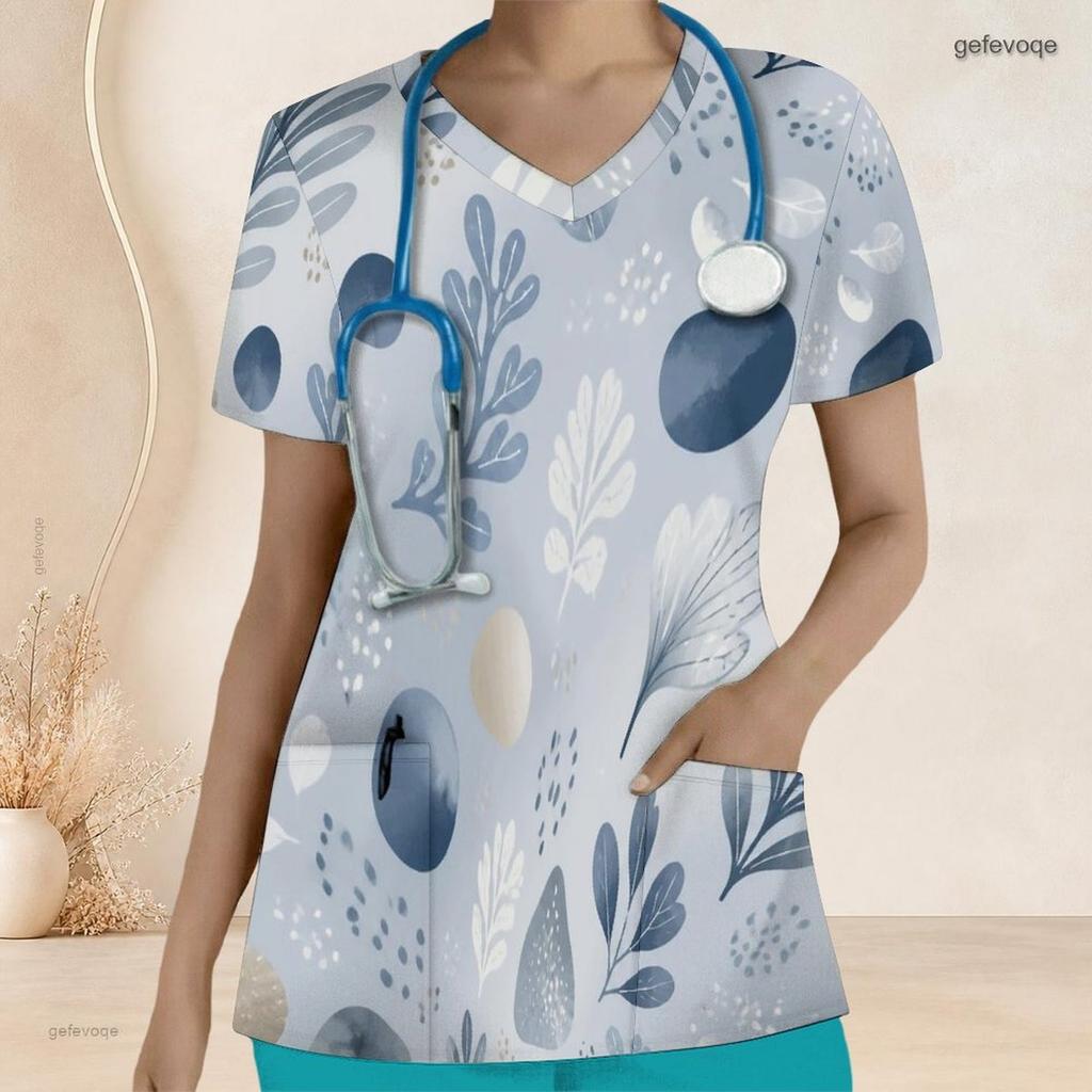 Damen Plus Size Bedrucktes Krankenschwester-Kitteloberteil V-Ausschnitt Kurzarm Mit Vordertaschen