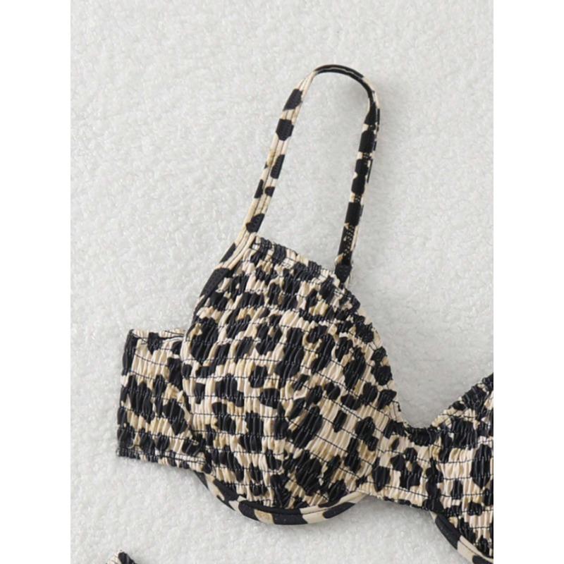 Neon Pink Black Leopard Print Smocked Two Piece Bathing Suit