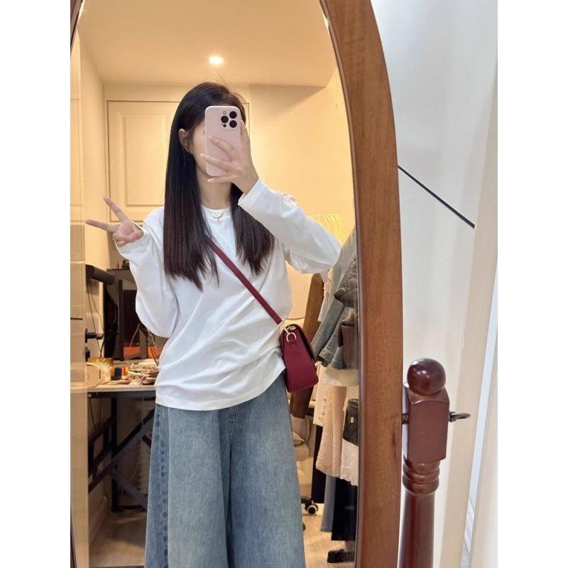 White bottoming shirt women's pure cotton top spring simple casual long-sleeved inner with front shoulder warm German velvet T-shirt