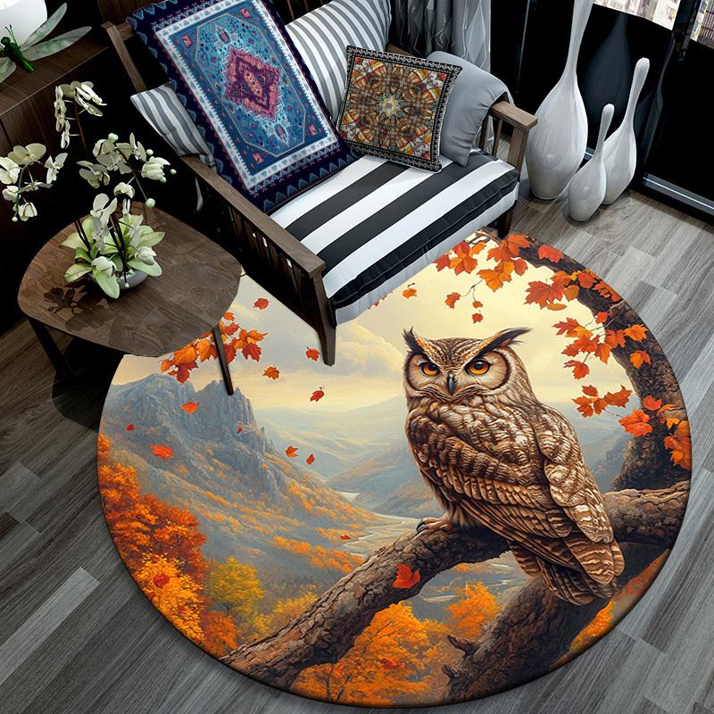Autumn Owl Round Area Rug,Carpet Rug for Living Room Bedroom Sofa Playroom Decor,Non-slip Floor Mat