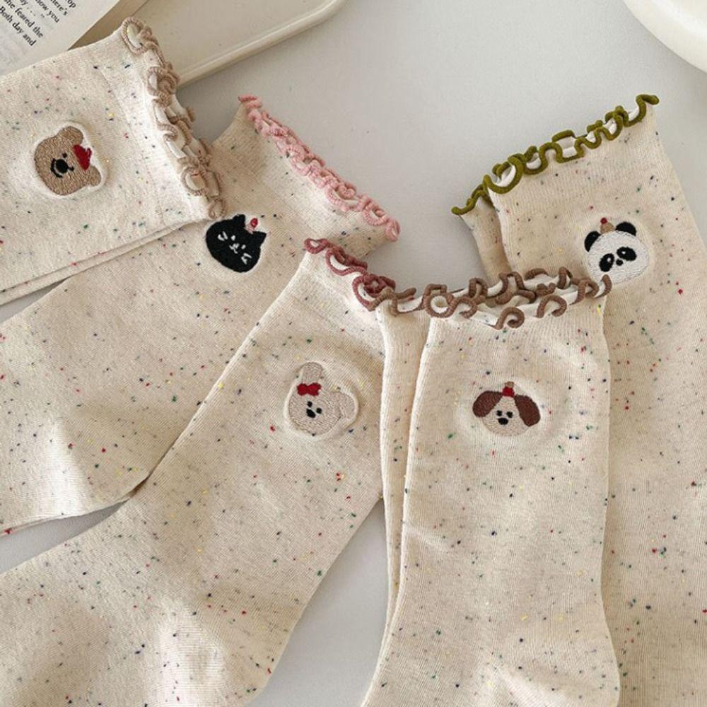 5Pairs Embroidery Ruffled Socks Women Cat Mid-calf Cotton Socks Sweet Bowknot Sock  Students