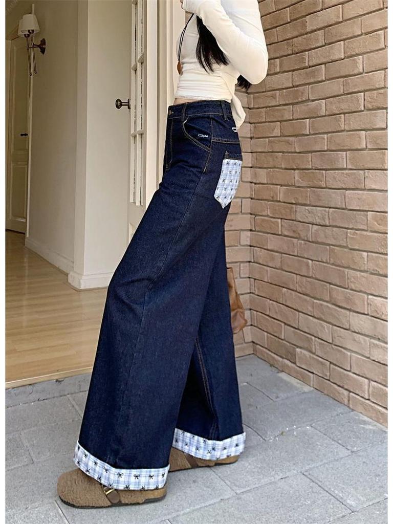 Damen Übergröße Hohe Taille Patchwork Schmetterling Bestickt Weites Bein Jeans