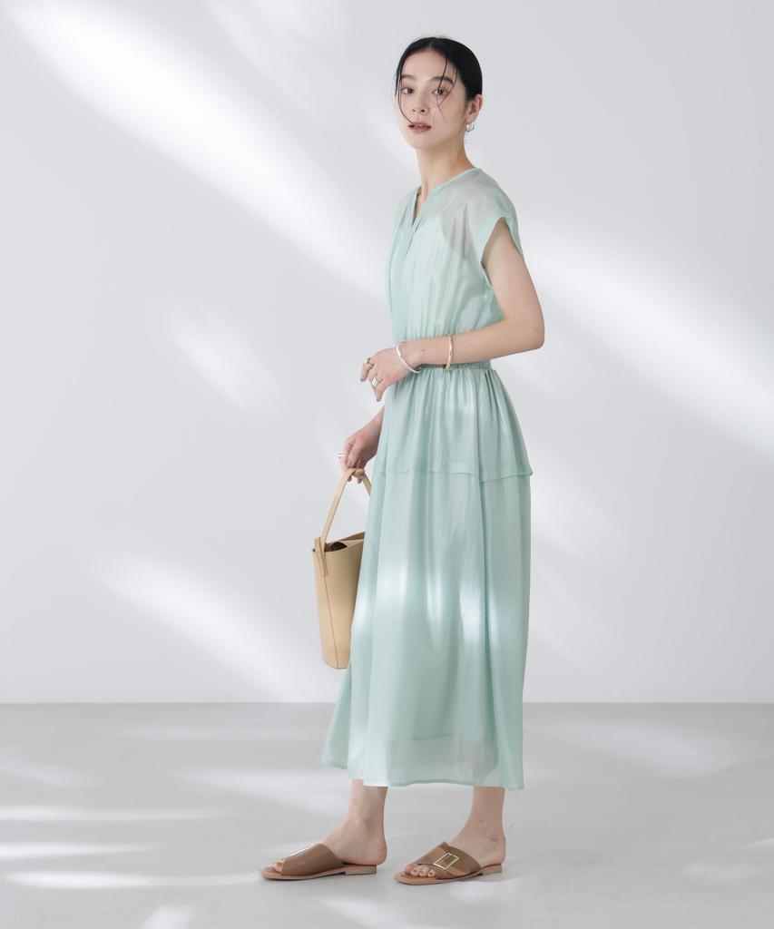 Nano Universe Sheer Satin Waist Shirred Size M Dress, Women's, (132), Mint, 669-5219302