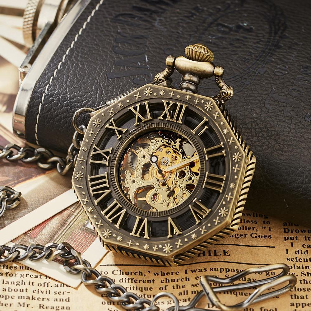 Skeleton Pocket Watch Engraved Octagonal Mechanical Pocket Watch Vintage Roman Blue Numerals