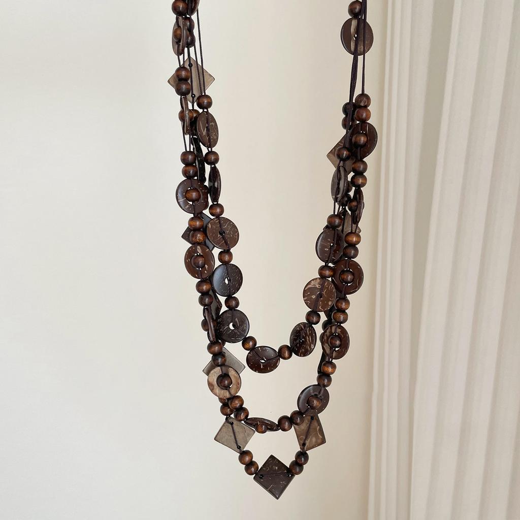 Bohemian Multi-layer Wood Bead Coconut Shell Flower Necklace Accessories Women's Exaggerated Sweater Chain Light Luxury Premium Sense Accessories