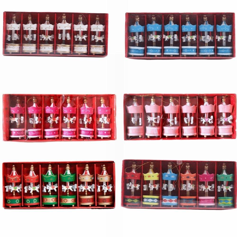 6Pcs Wooden Christmas Carousel Ornament New Year DIY Crafts Carousel Hanging Decor Exquisite Colorful Xmas Carousel Pendant