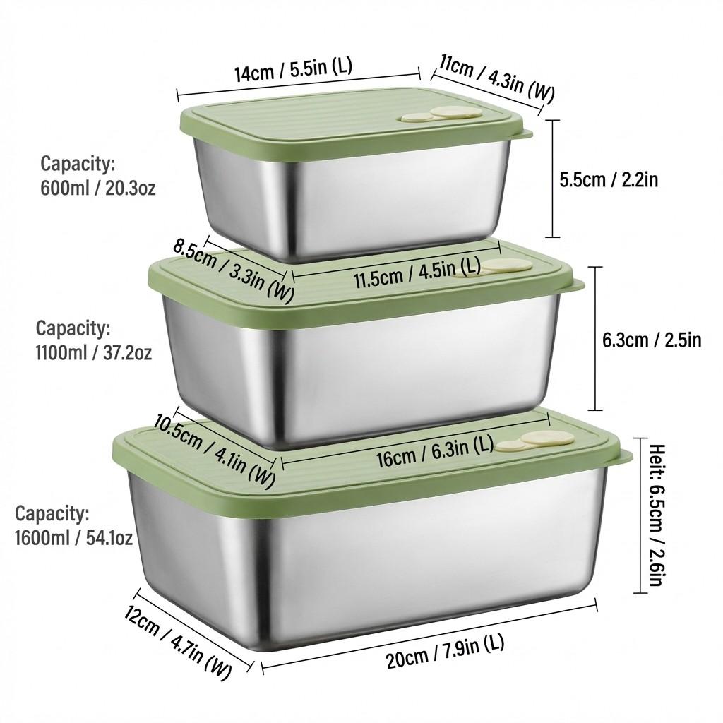 Stackable Fruit,Vegetable,Meat Food Container Durable Sealed 304 Stainless Steel Fresh-keeping Box Refrigerator&Microwave Safe