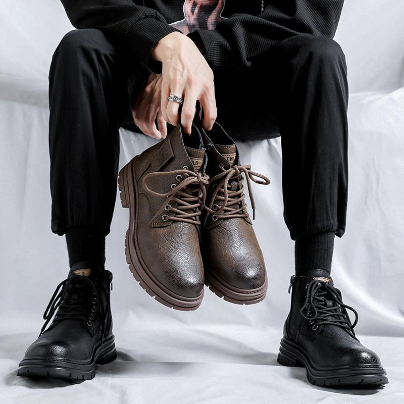 High Quality Men Ankel Boots Autumn Winter Men Boots English Style Thick Soled Mid Top Boot Fashion Retro Lace Up Platform Boots