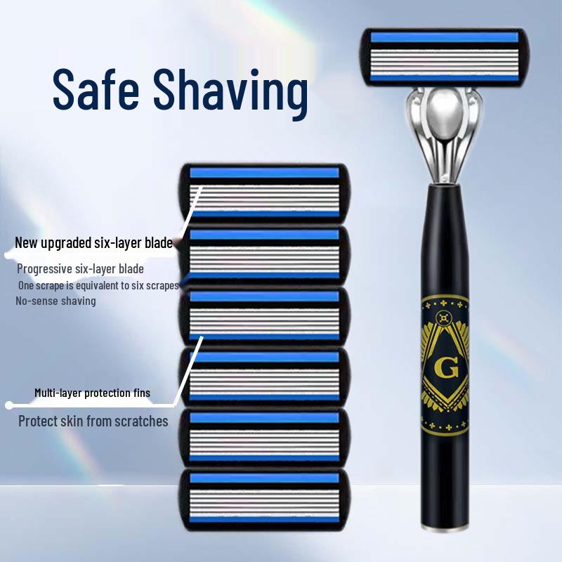 Men's 6-Blade Manual Razor with Universal Stainless Steel, Six-Layer Anti-Scratch Blade Holder