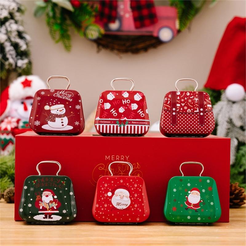 Pack of 5 Decorative Iron Candy Tins with Handle Holiday Candy Tins with Christmas Pattern Delicate Candy Storage Case