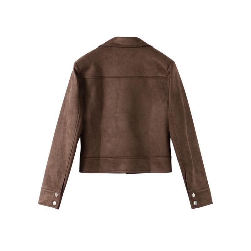Dark Brown Faux Suede Jacket Women's Turndown Collar Single Breasted Short Jacket Windproof Warm Outerwear Retro Streetwear Autumn 2025