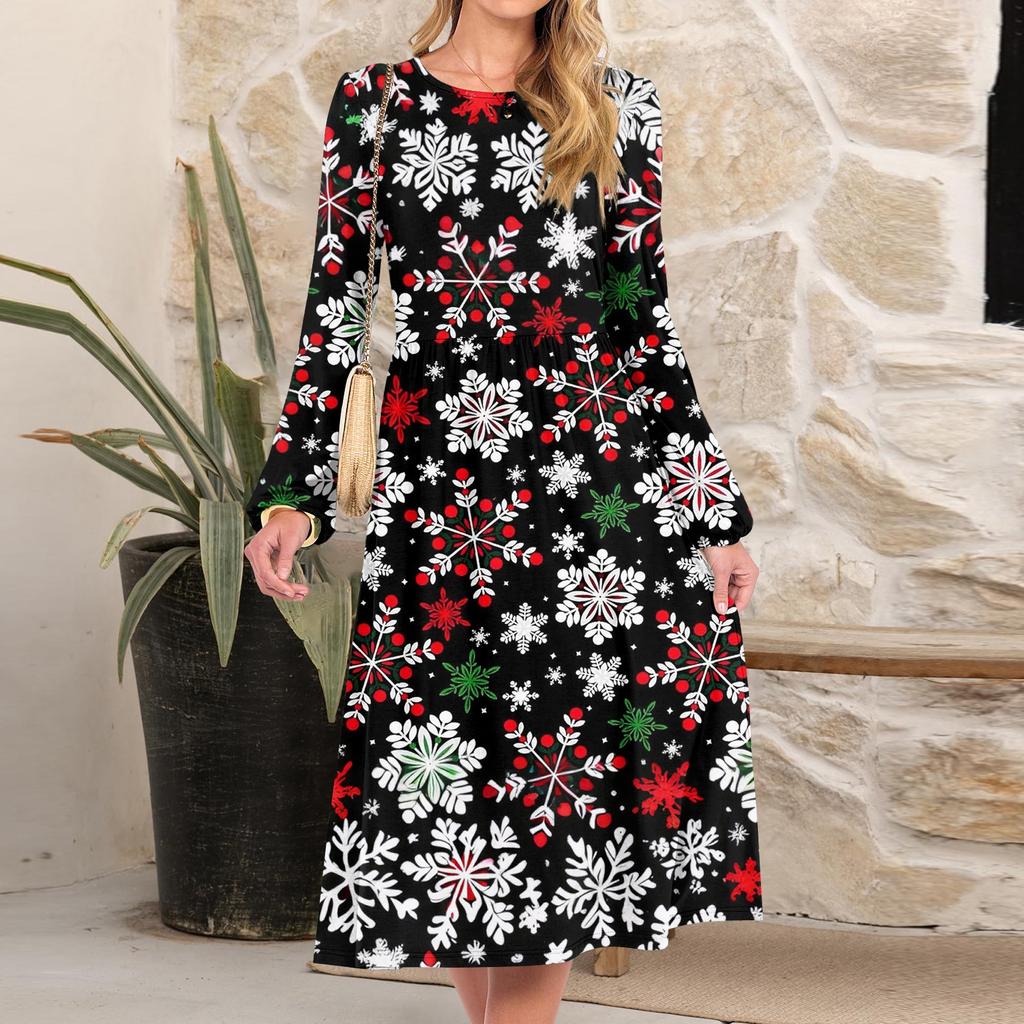 Women's Christmas Printed Fashionable Loose Round-neck Dress