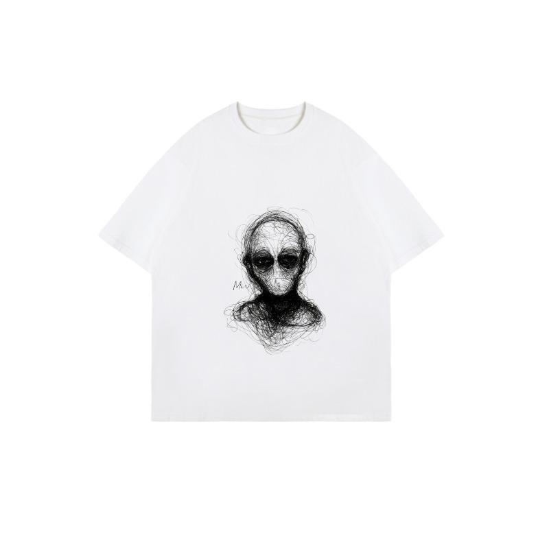 Übergroßes T-Shirt Schwarz Abstrakter Alien-Gesichtsdruck Lässige Streetwear Mode Oberteil für Damen und Herren