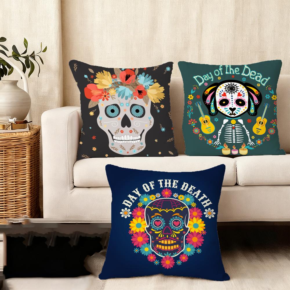Mexico Easter Flower Skeleton Cushion Cover Case Antidustmite Pillowcase Invisible Zipper Silky Short Plush Sofa Cushion Cover