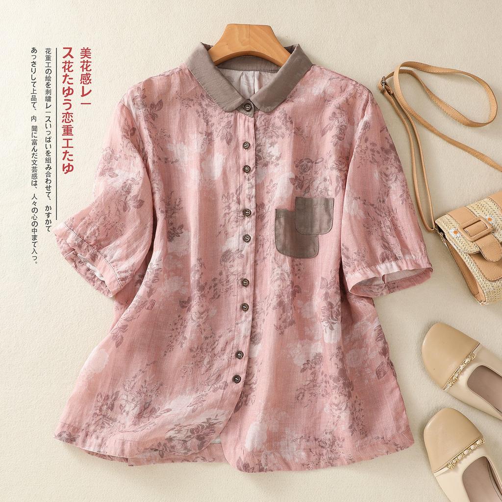 2025 Summer New Printed Cotton and Linen Shirt Women's Loose Polo Neck Patch Pocket Short Sleeve Cardigan Top