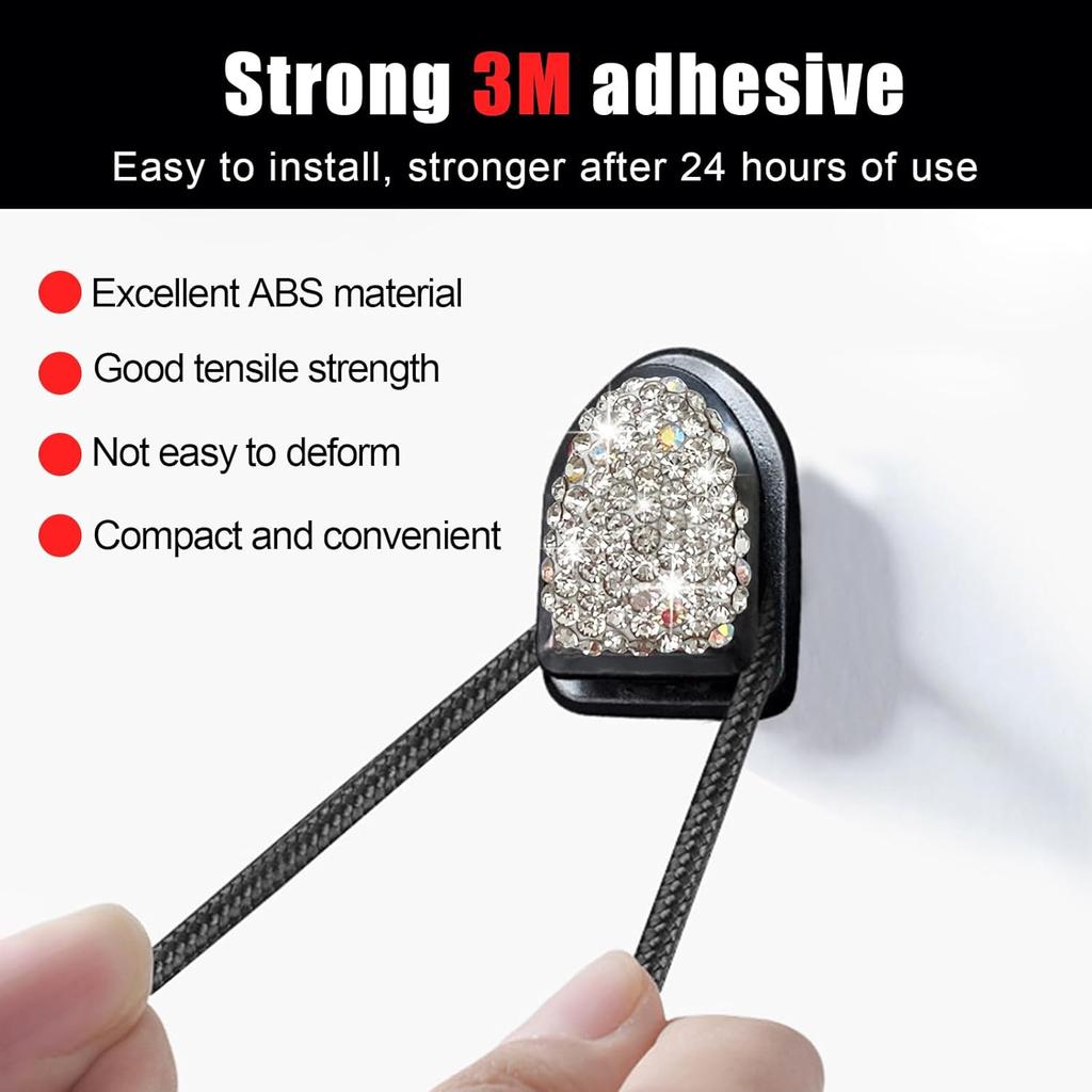 4PCS Bling Car Mini Hooks, Multifunctional Adhesive Small Auto Storage Hook for Key Cable Mask, Crystal Rhinestone Dashboard Hanging Hook, Interior