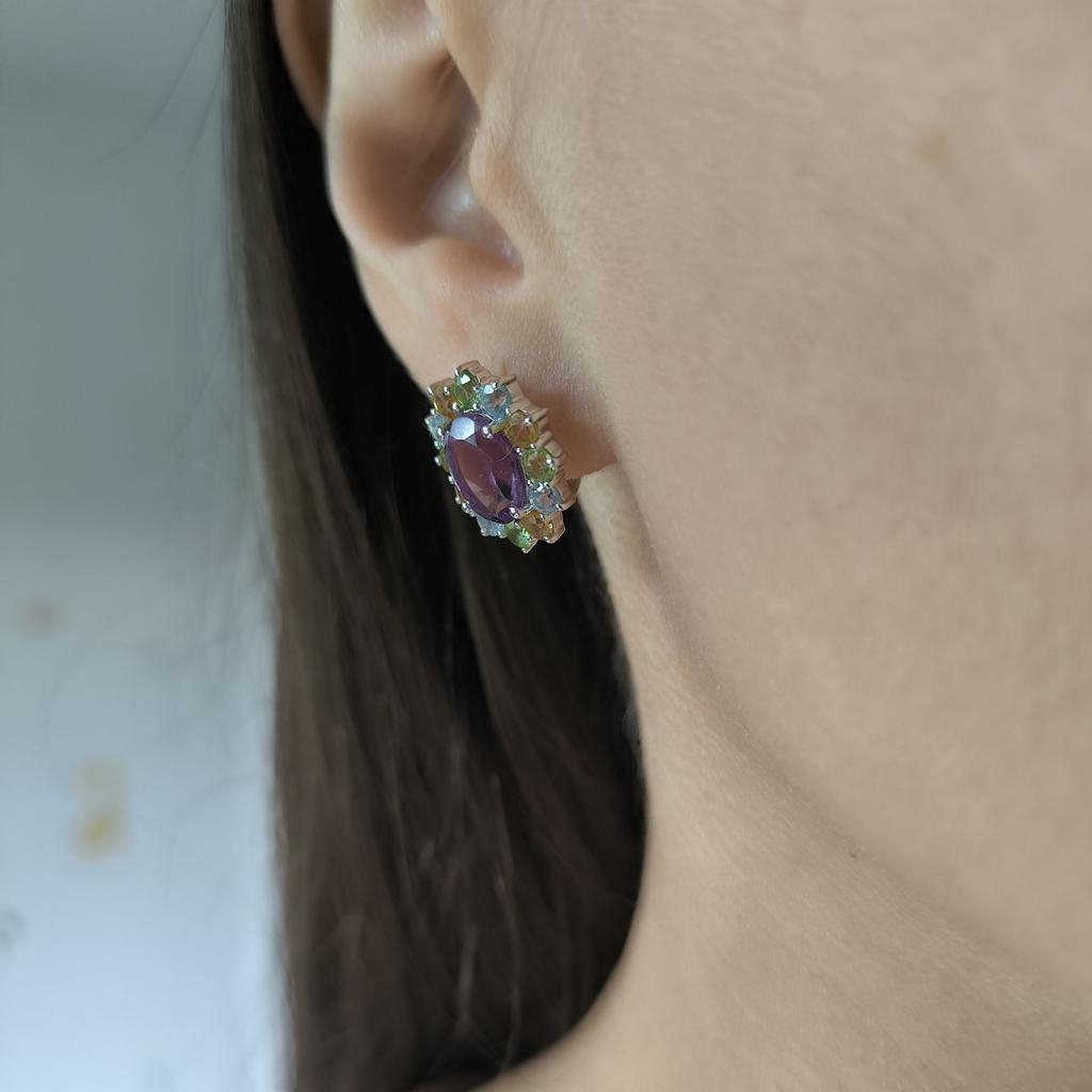 Серебряные серьги с натуральным аметистом 7.325ct, цитрином, хризолітом, топазом (2193371)