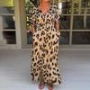 Leopard Print Women Maxi Dress V Neck Single Breasted Contrast Color Pockets Tight Waist Loose Ankle Length Soft Split Hem Lady Dress