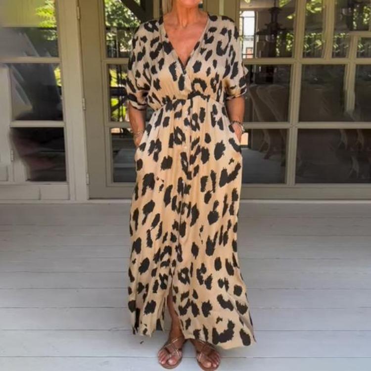Leopard Print Women Maxi Dress V Neck Single Breasted Contrast Color Pockets Tight Waist Loose Ankle Length Soft Split Hem Lady Dress