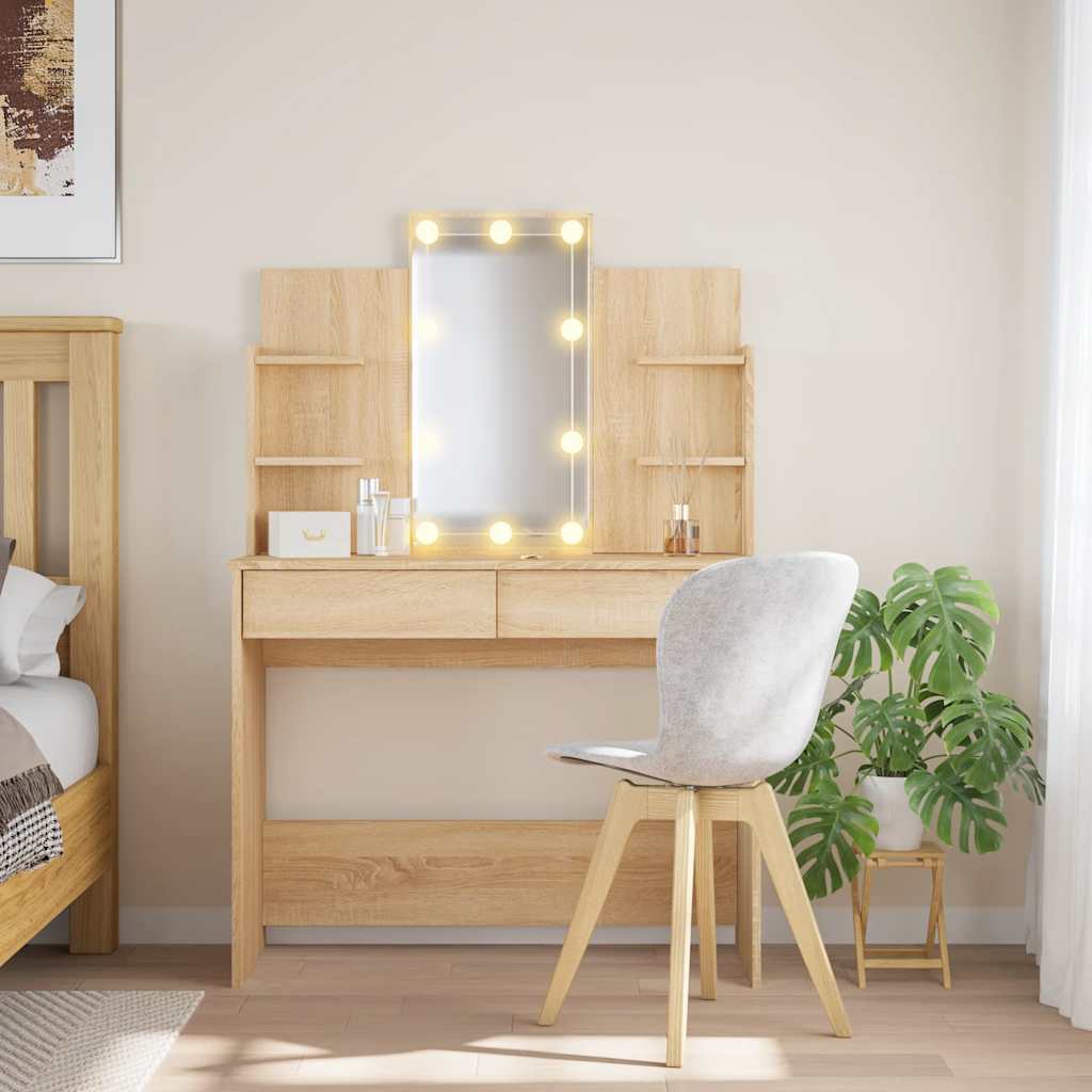 Makeup Table with LED Lights Sonoma Oak Finish 96 x 40 x 142 cm