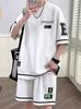 Men's Hong Kong Style Waffle Casual Summer Patchwork Two-Piece Set - Loose Sports Short-Sleeved Shirt and Shorts.