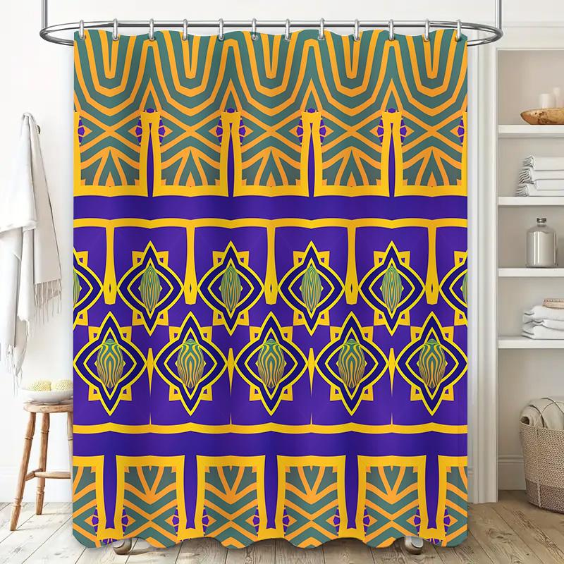 Luxury Bathroom Shower Curtain Set Blue Gold Geometric Pattern with Diamond Design Polyester Fabric for Bathtub Decorations Perf