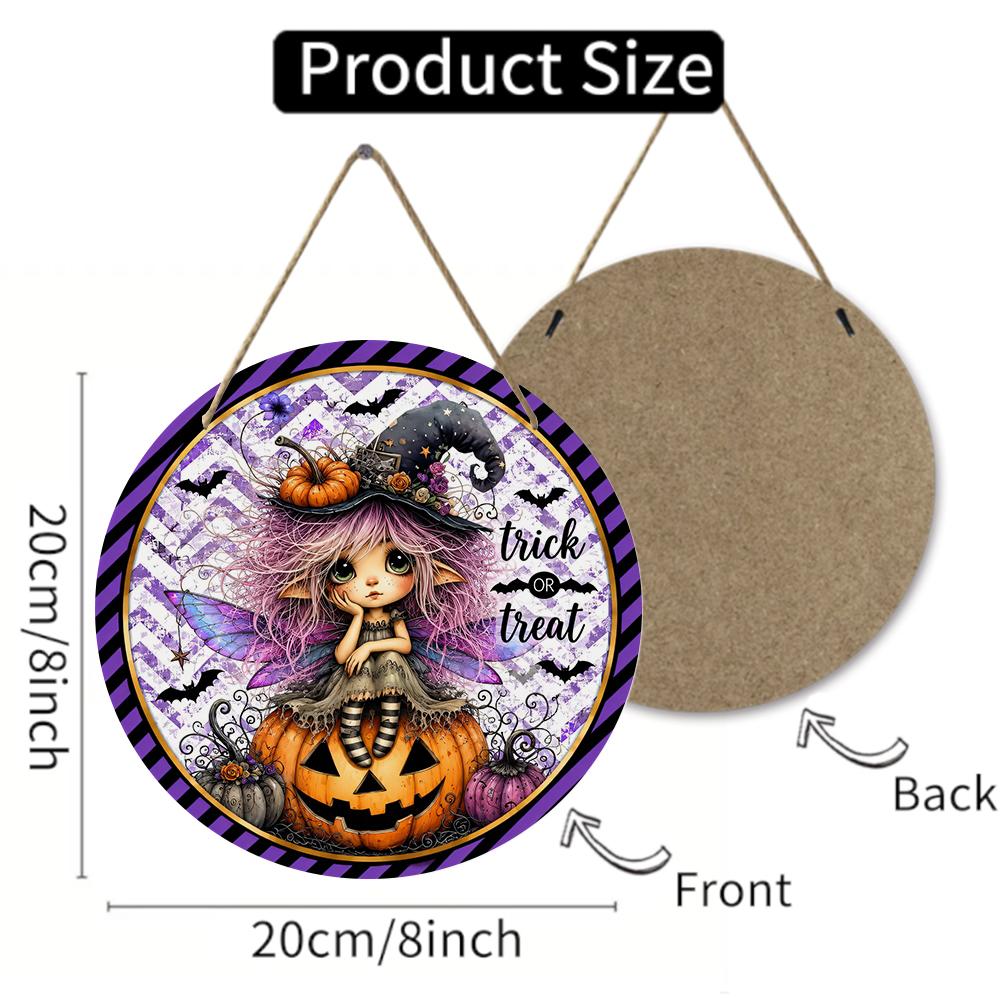 Cute witch pumpkin trick or treat Round Wooden Hanging Plaque wall art decor indoor outdoor seasonal festive ornament holiday party supply