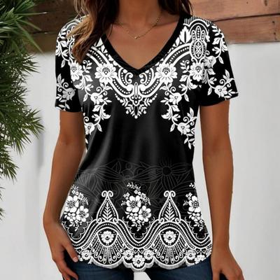 Harajuku Wind Ladies V-neck T-shirt Summer Outdoor Casual Short Sleeve Tops Retro Street Flower Print OverSize Women's Clothing