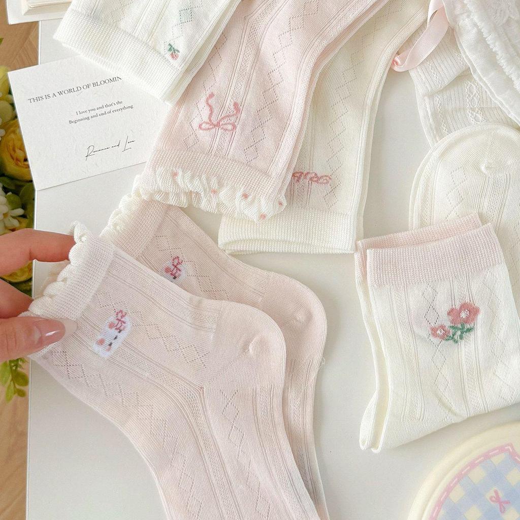 Pink and White Floral Lace Mesh Girls' Mid-Calf Socks - Breathable, Thin Spring/Summer Design for Older Children and Students