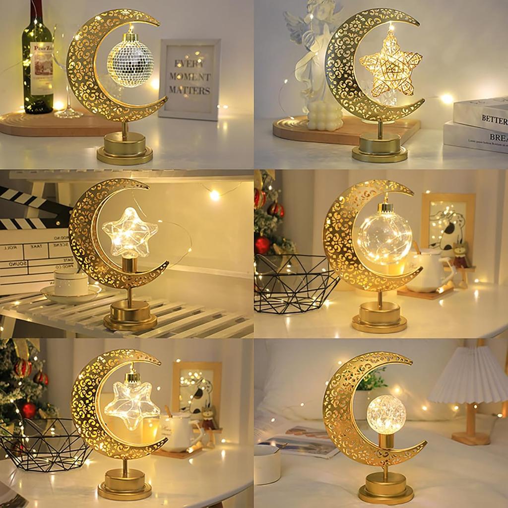 Moon Lamp, Enchanted Lunar Lamp, Crescent Moon LED Light, Moon Table Lamp Half Moon Light Metal Ramadan Star Lamp, Battery Operated Table Lamp for