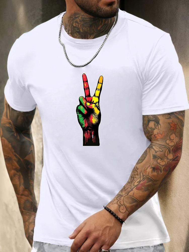 Men Rasta Color Peace Hand Gesture Print Crew Neck Short Sleeve Oversized Loose Casual Summer S