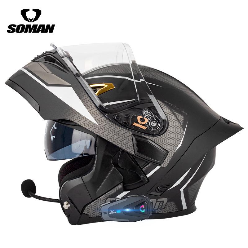 SOMAN Bluetooth Motorcycle Helmet with Double Lens and Flip-Up Design for All Seasons