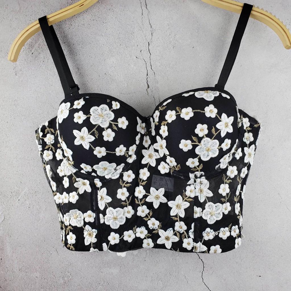 Spring/summer Gold Thread Embroidered Elegant Tank Top Fresh and Cute Slim-fitting Mini Tank Top with Underwire Bra Top Camis & Tank Tops