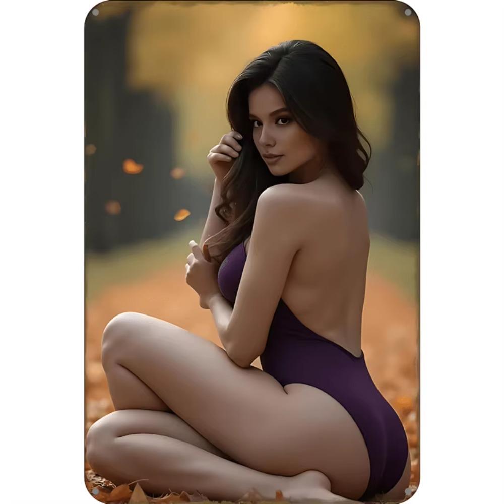 Vintage Purple Swimsuit Metal Wall Art, Retro Fall Leaf Decor for Living Room Bedroom