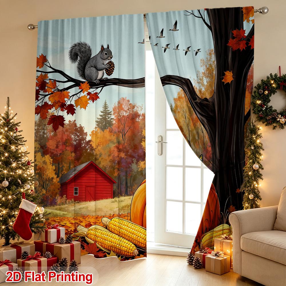 2PCS Thanksgiving Fall Curtains, Squirrel Pumpkin Farm, Digital Print, Bedroom Living Room, Office, Kitchen, Polyester