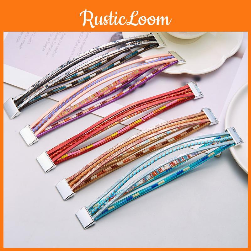 Bohemian Woven Leather Wristband With Alloy Accents For Casual Accessory