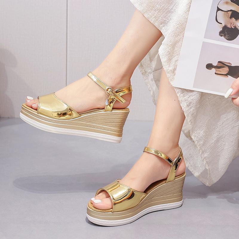 Fashion Women Platform Sandals 2025Summer Pearl Transparent Rhinestones High Heels Buckle Fashoin Ladies Wedge Sandals Beach Shoes