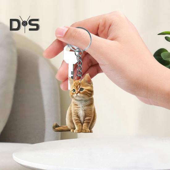 Katt Nyckelring Dubbelsidig 2D Platt Akryl Husdjur Hängande Dekoration Livslik Katt Nyckelring Tillbehör för Bilspegel Fönster Ryggsäckar