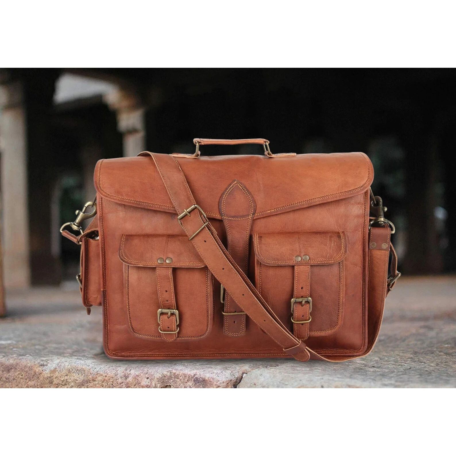 

Мужской портфель из натуральной винтажной кожи, функциональная сумка-мессенджер через плечо для ноутбука 16 x 12 x 5 in