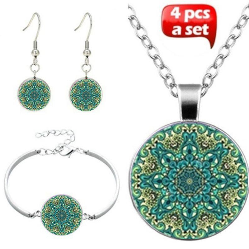 Accessories, Geometric Round Jewelry Three-Piece Set, Mandala Time Gem Necklace, Stud Earrings Bracelet